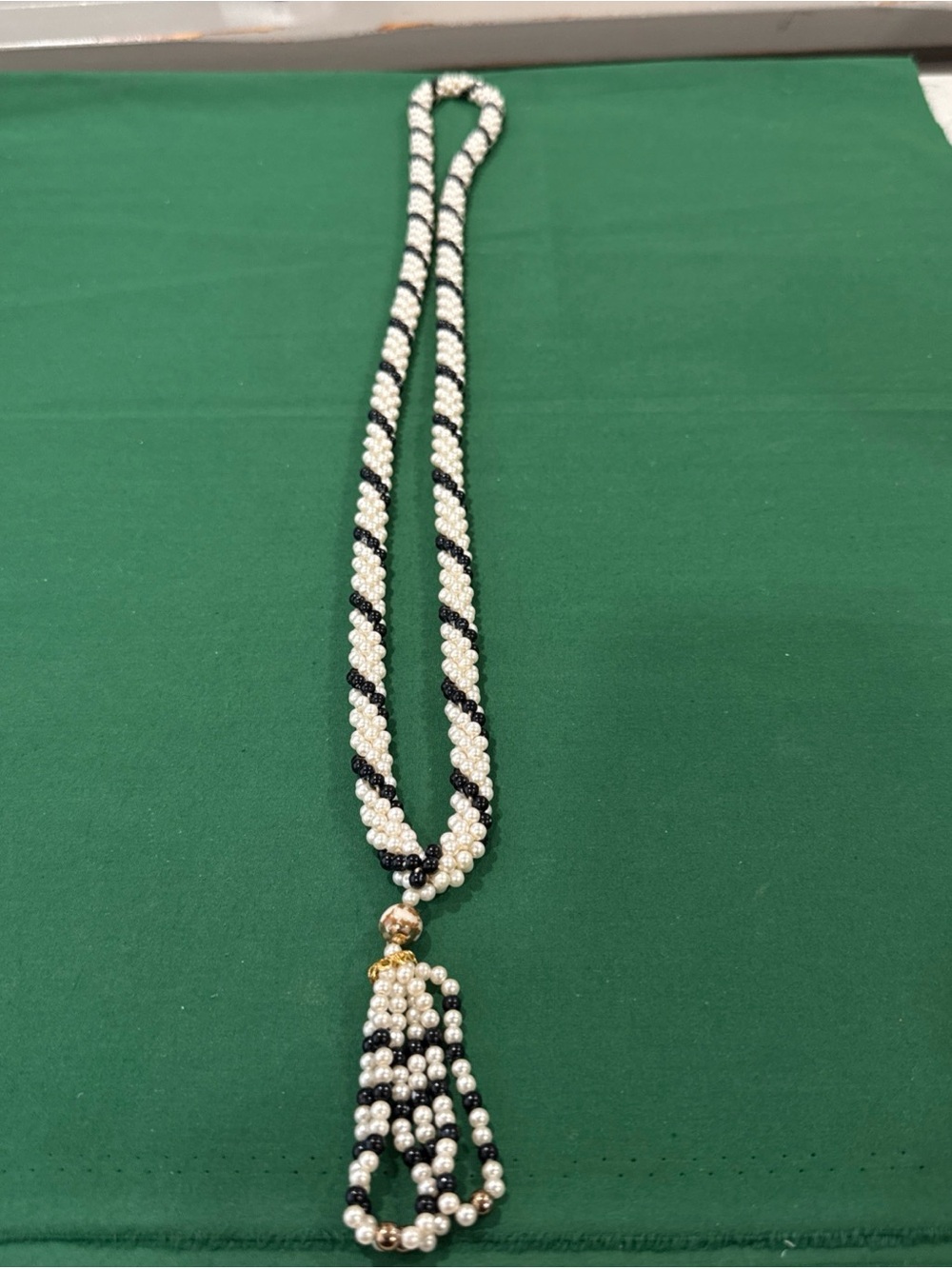 Black and Ivory Beaded Pearl Tassel Necklace 106B